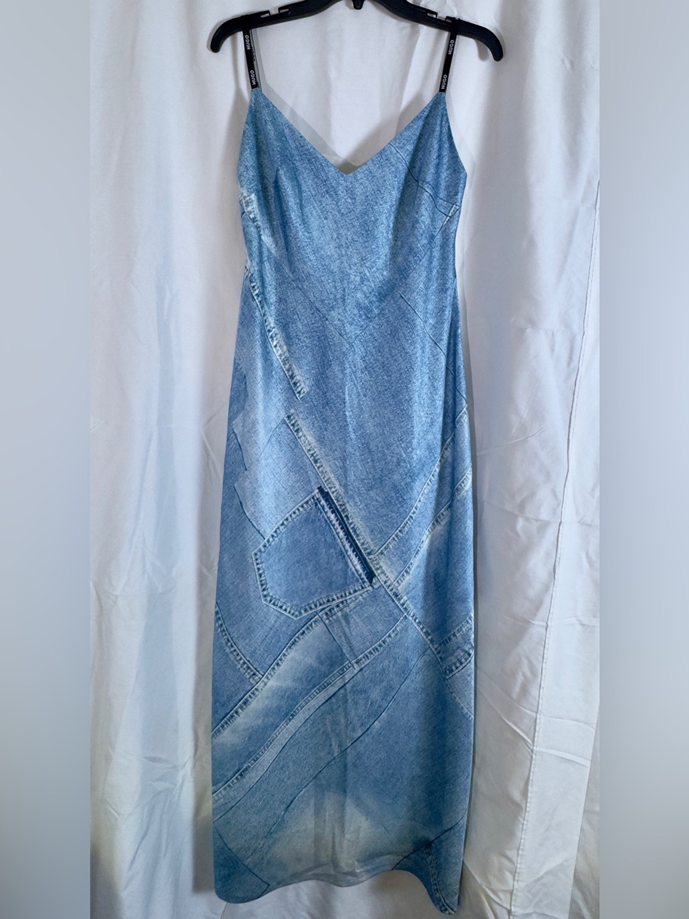 HUGO Kasra Midi Dress | Denim Patchwork Print Logo Straps